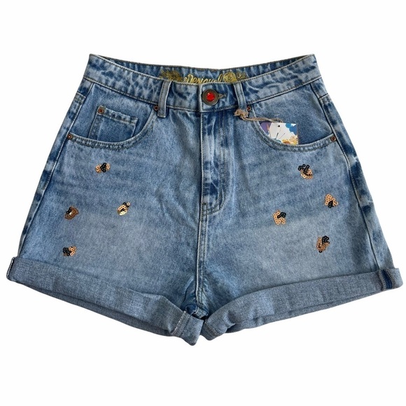 𝅺Desigual Women’s High Waisted Leopard Sequins Embellished Mom Denim Shorts 4 - Picture 1 of 10